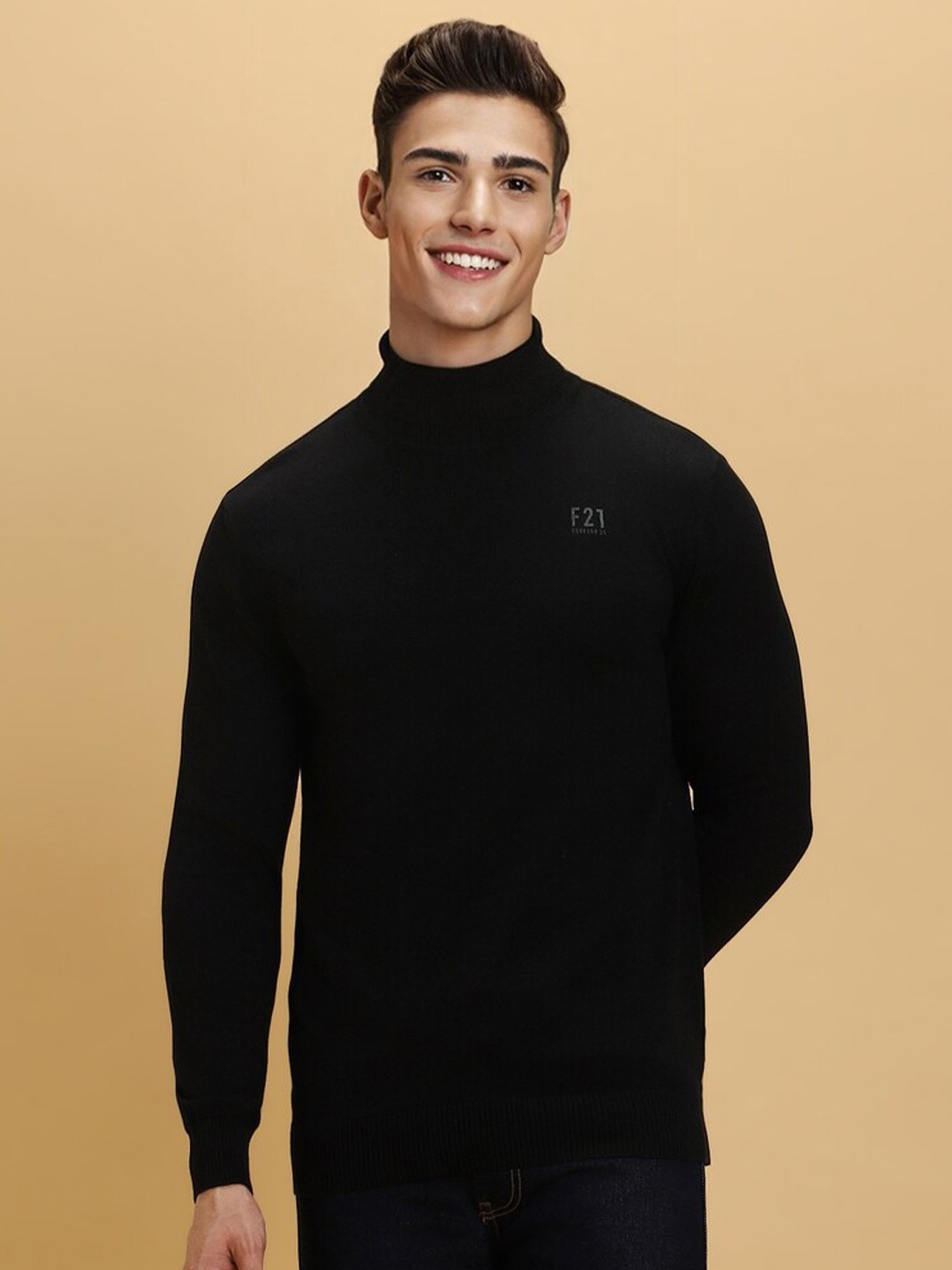 

FOREVER 21 Turtle Neck Long Sleeves Pure Cotton Pullover, Black