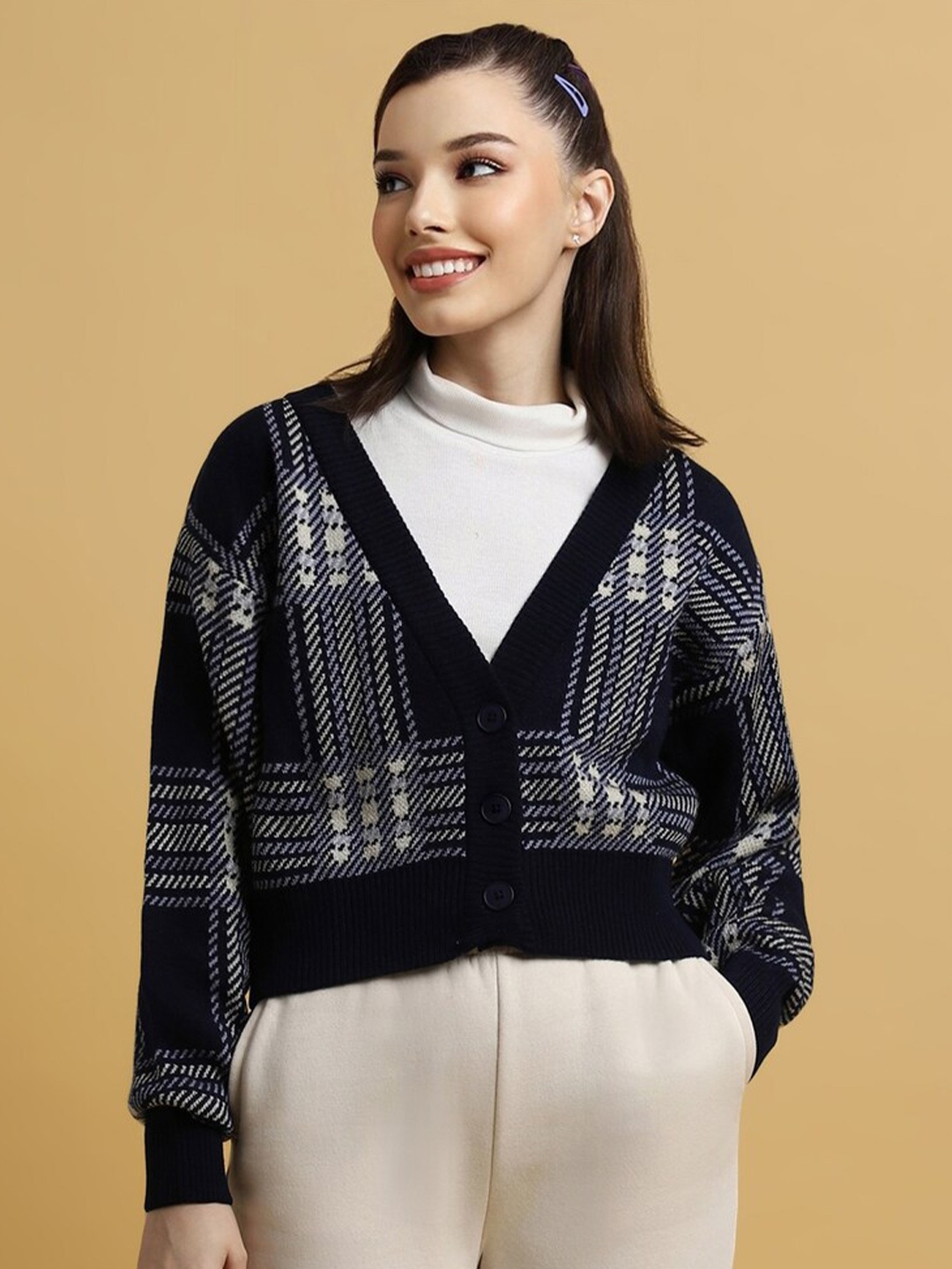 

FOREVER 21 Navy Blue Checked V-Neck Pure Acrylic Crop Cardigan