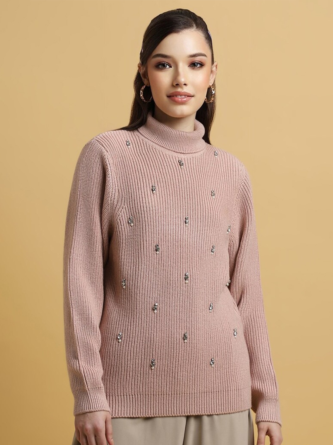

FOREVER 21 Turtle Neck Embellished Acrylic Pullover, Mauve