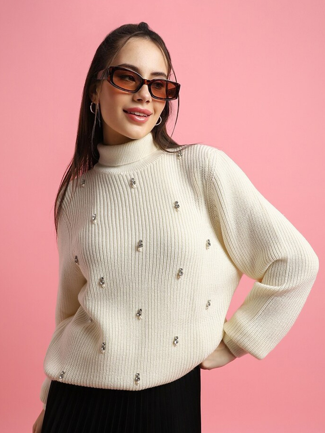 

FOREVER 21 Turtle Neck Embellished Acrylic Pullover, Cream