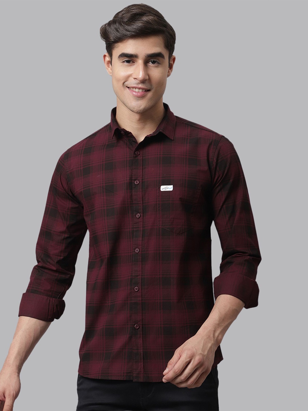 

Majestic Man Smart Slim Fit Tartan Checks Pure Cotton Casual Shirt, Maroon