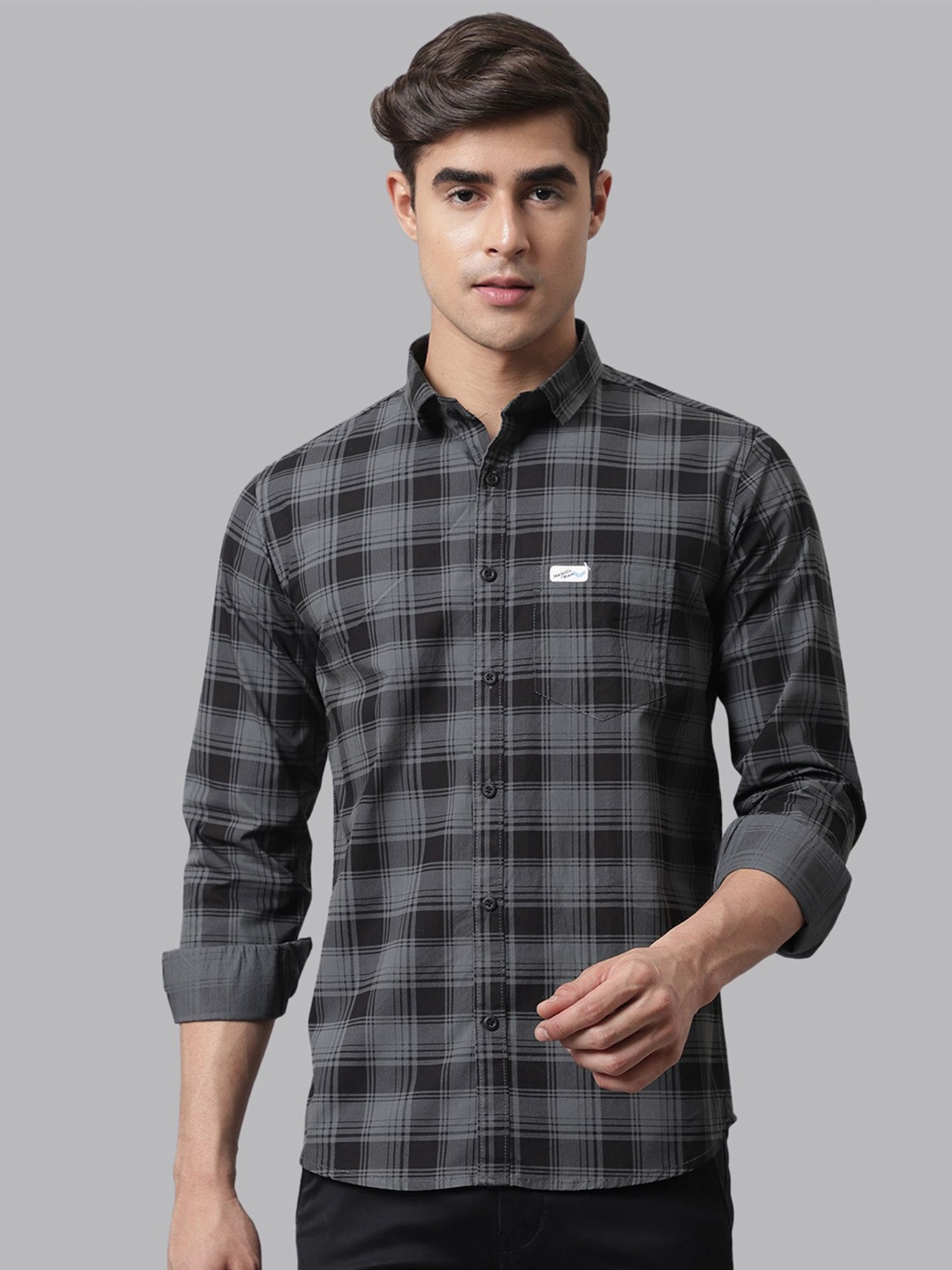 

Majestic Man Smart Slim Fit Tartan Checks Pure Cotton Casual Shirt, Grey