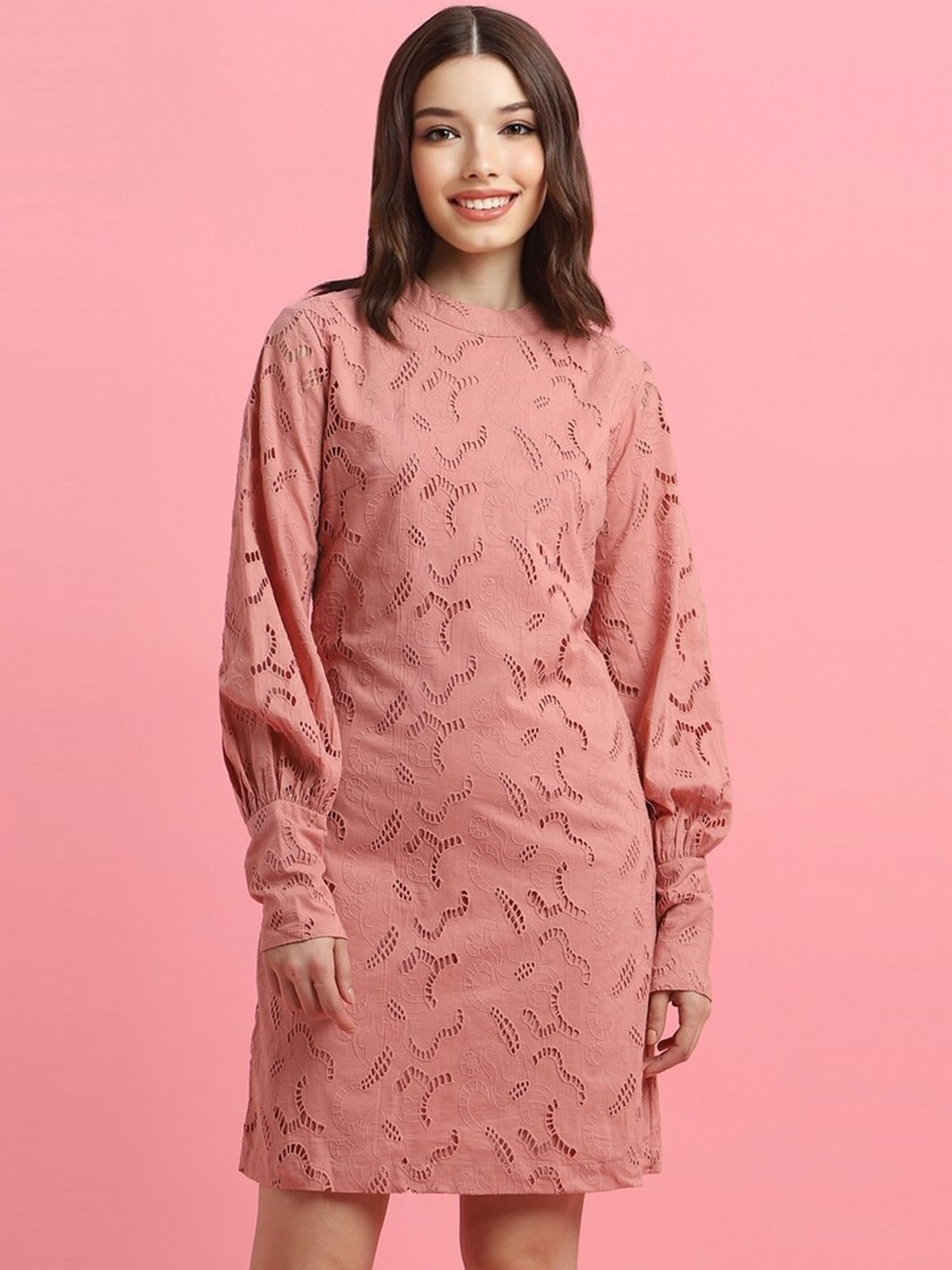 

FOREVER 21 Pink Self Design Cuffed Sleeves Cotton A-Line Dress