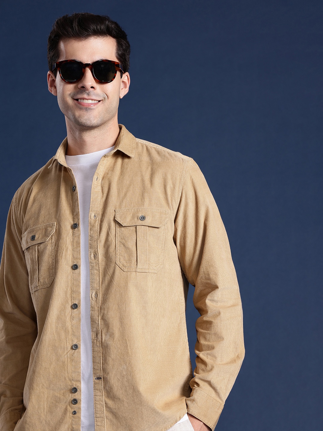 

Mast & Harbour Men Standard Corduroy Pure Cotton Shirt, Khaki