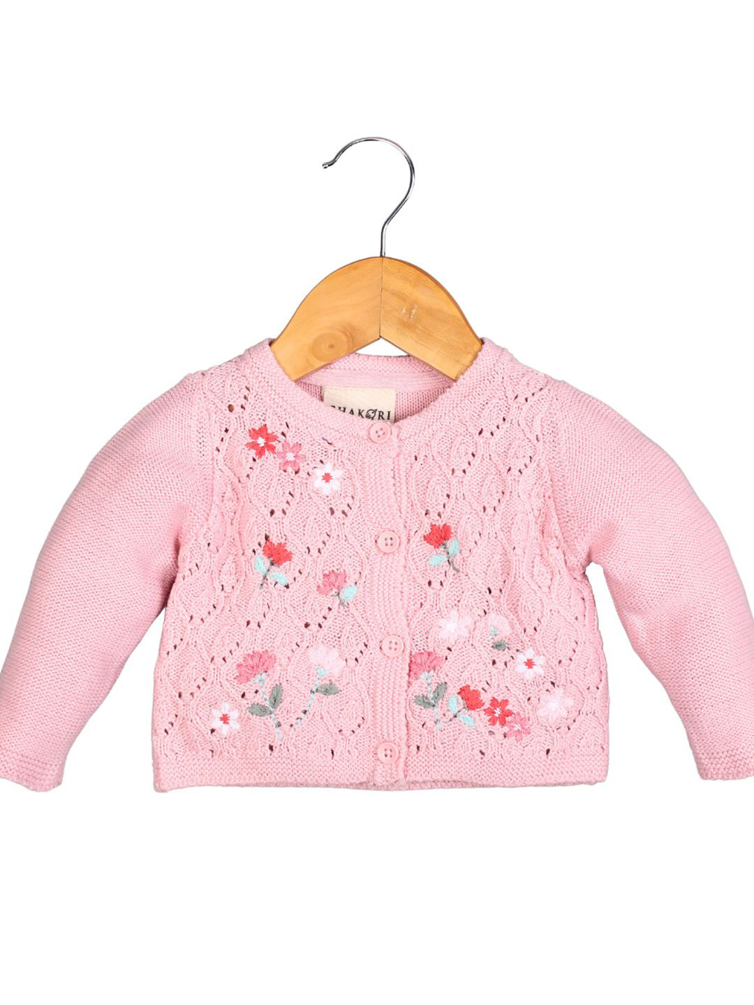 

BAESD Girls Cable Knit Self Design Cardigan Embroidered Detail, Pink