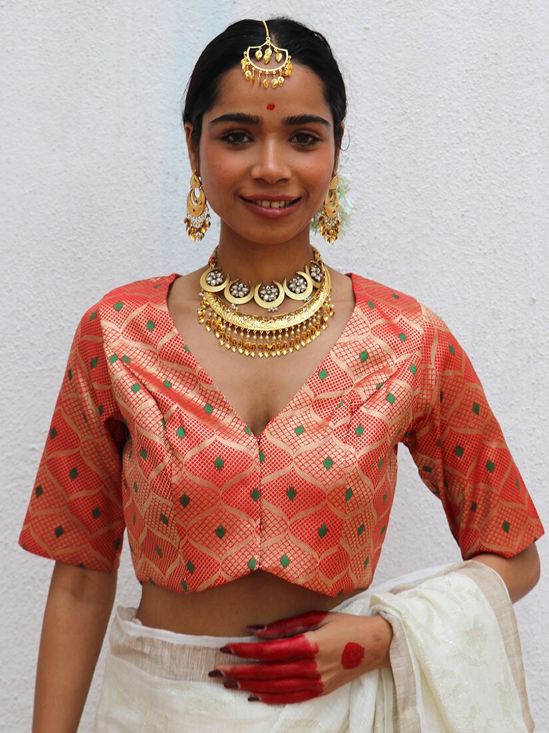 

Chidiyaa Woven Design Brocade Saree Blouse, Red