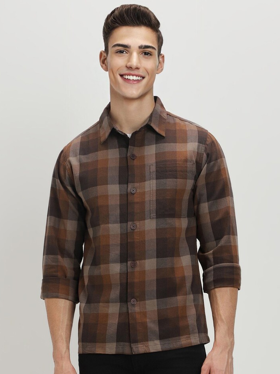 

FOREVER 21 Tartan Checked Pure Cotton Casual Shirt, Brown