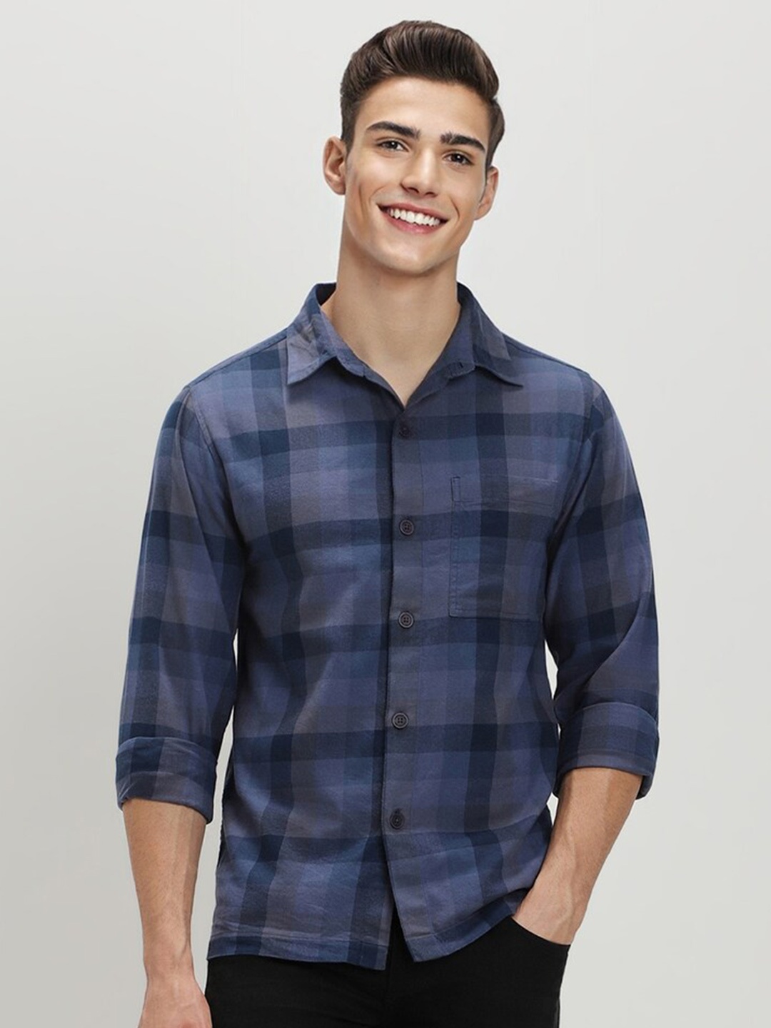 

FOREVER 21 Tartan Checked Pure Cotton Casual Shirt, Blue