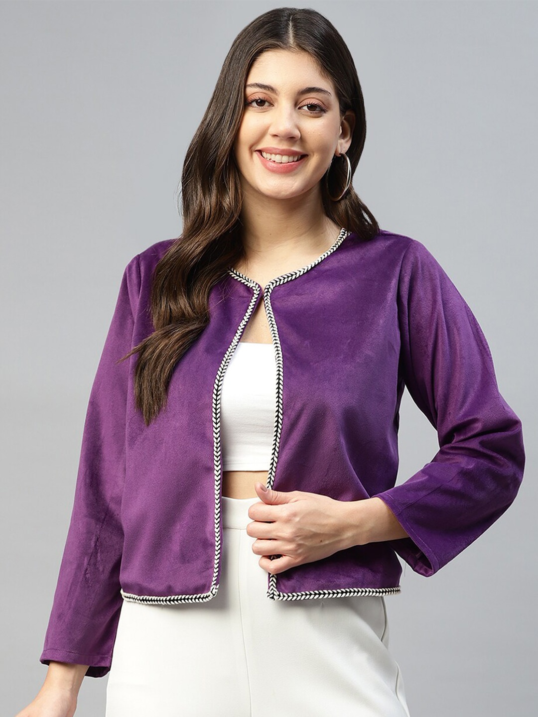 

DEEBACO Solid Round Tie-Up Neck Velvet Shrug, Purple