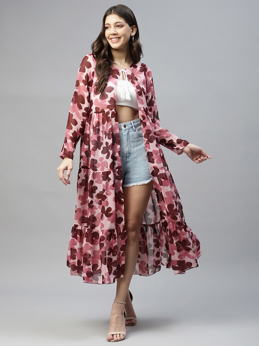 

DEEBACO Floral Print Georgette Tie-Up Neck Shrug, Maroon