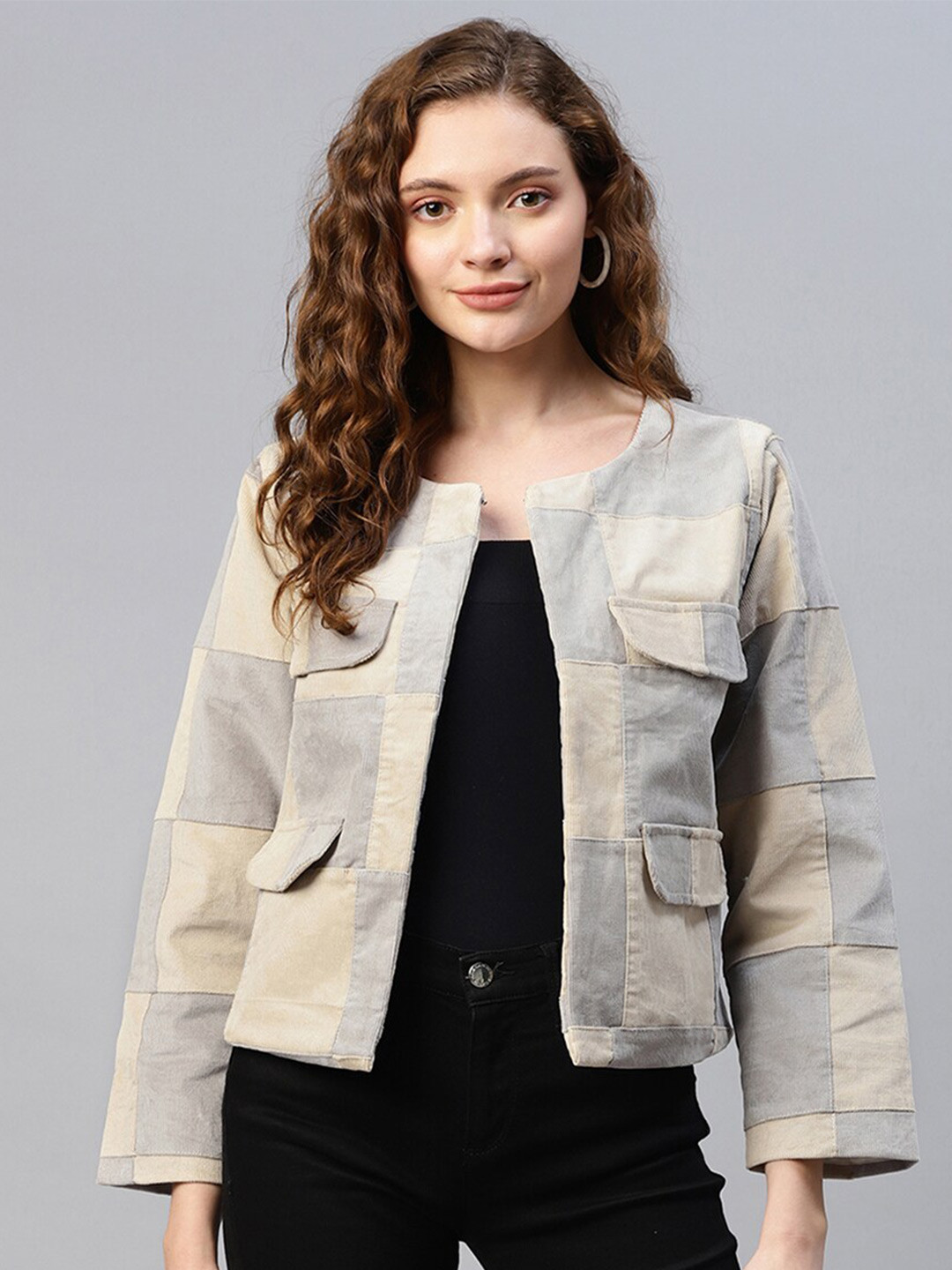

DEEBACO Women Block Print Round Neck Cotrise Shrug, Cream