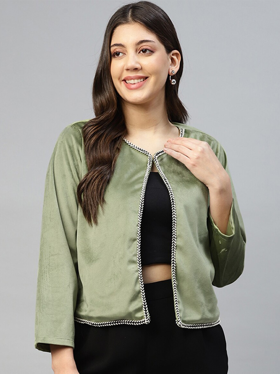 

DEEBACO Solid Round Tie-Up Neck Velvet Shrug, Olive