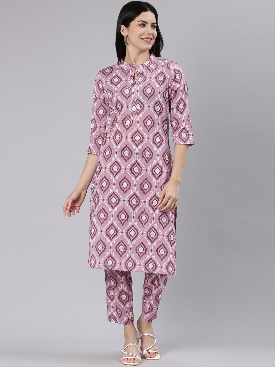 

KALINI Ethnic Motif Printed Regular Pure Cotton Kurta With Trousers, Purple