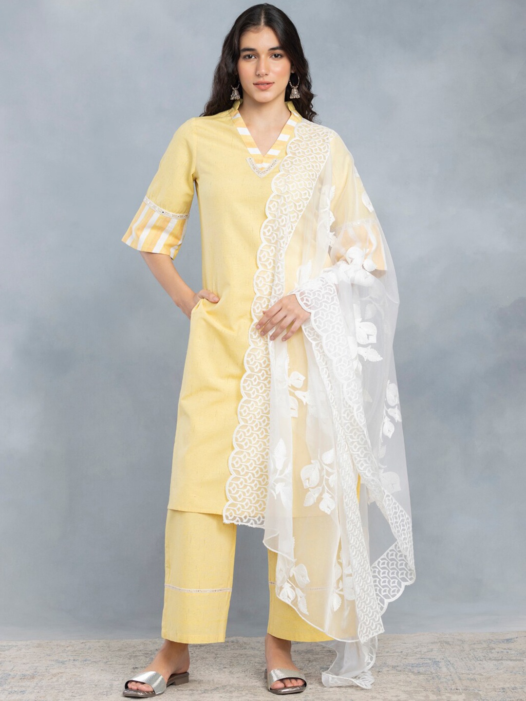 

SHAYE V-Neck Straight Kurta with Palazzos & Dupatta, Yellow