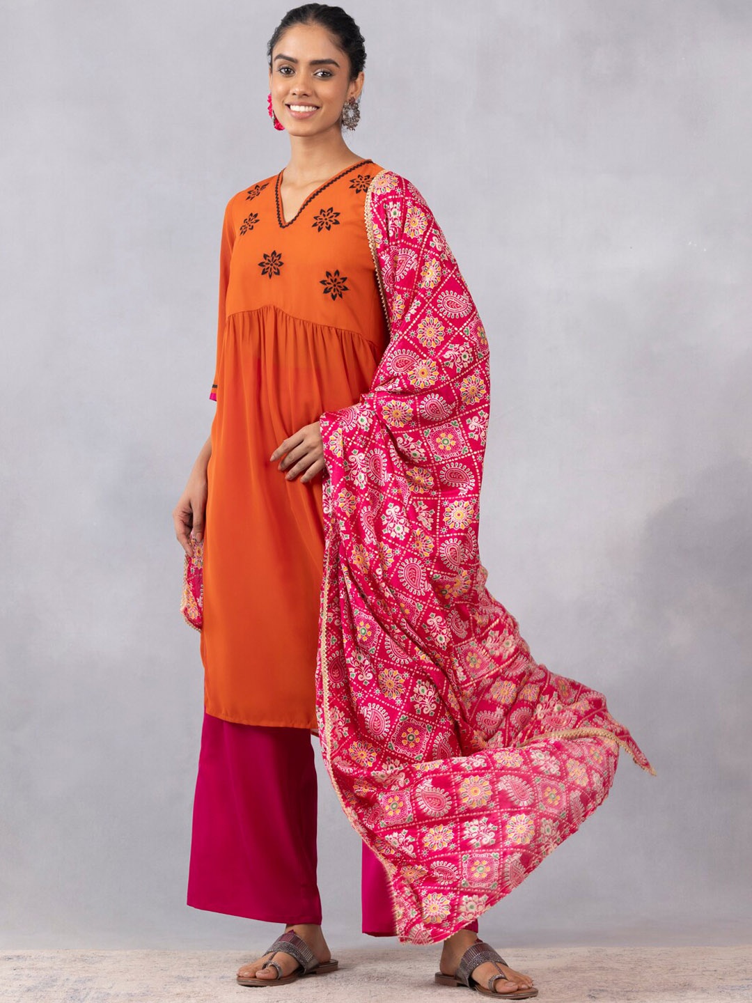 

SHAYE Ethnic Motif Embroidered Empire A-Line Kurta with Palazzos & Dupatta, Orange