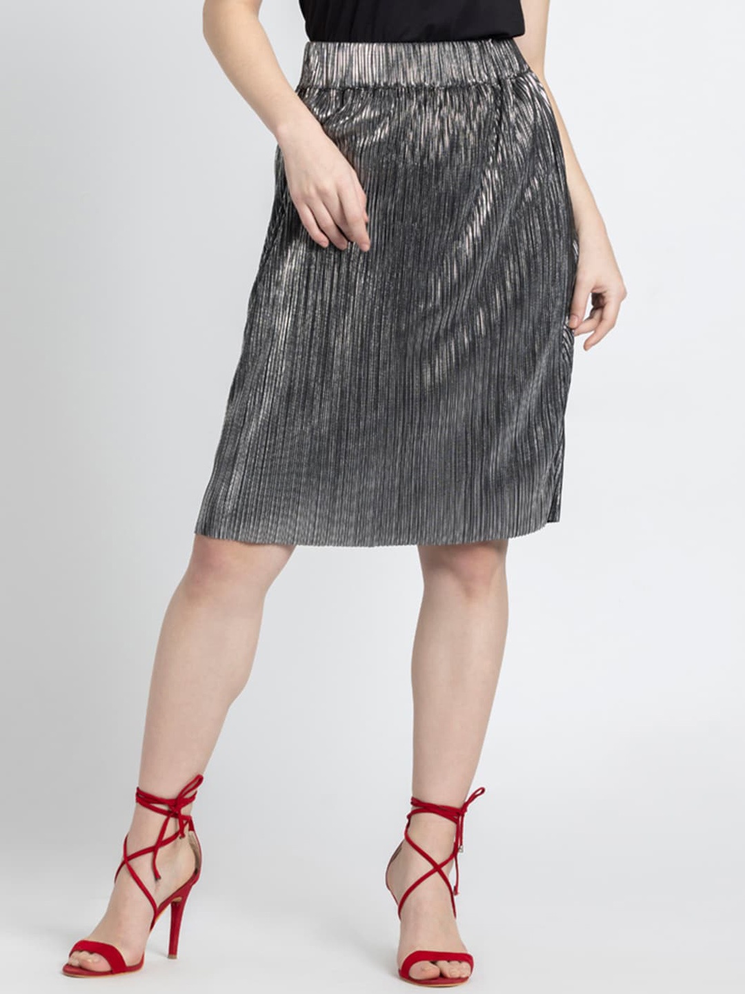 

SHAYE Embellished Knee Length A-Line Skirt, Silver