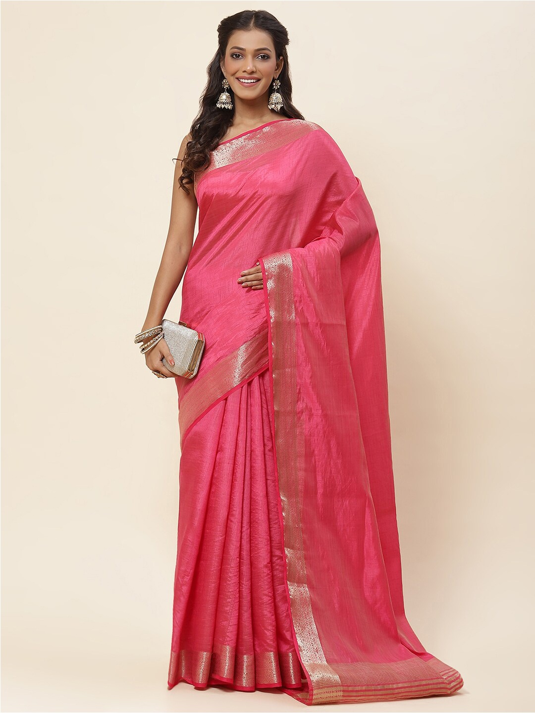 

Meena Bazaar Art Silk Zari Border Saree, Pink