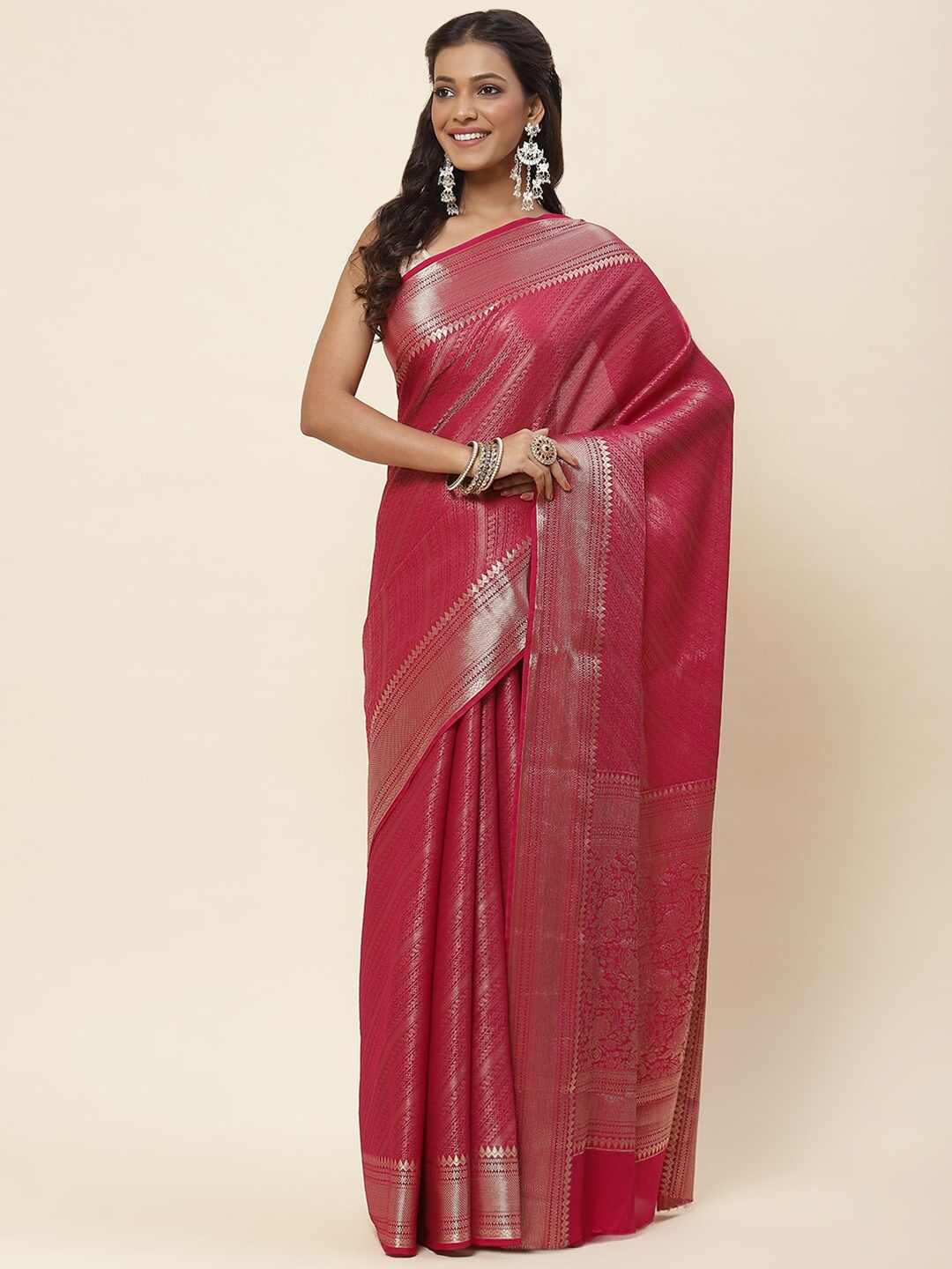 

Meena Bazaar Floral Woven Design Zari Art Silk Saree, Magenta