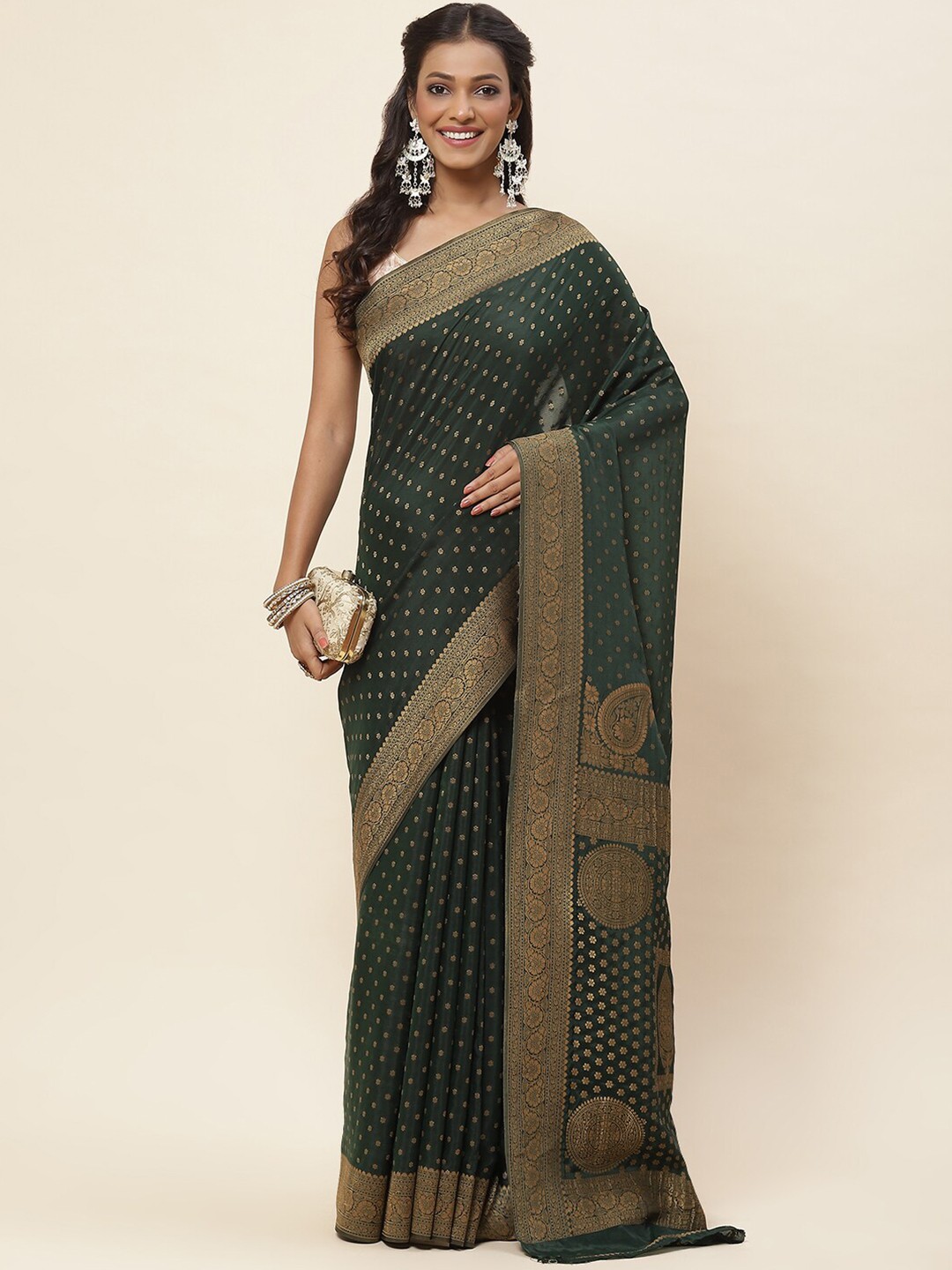 

Meena Bazaar Floral Woven Design Zari Art Silk Saree, Green