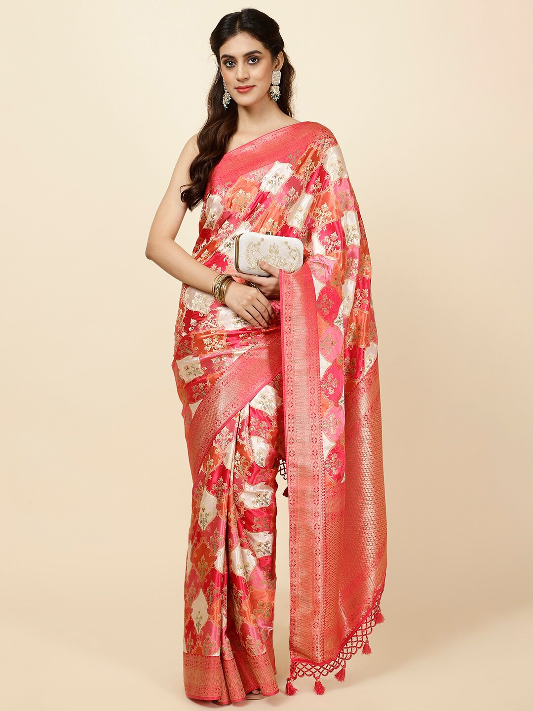 

Meena Bazaar Ethnic Motif Woven Design Zari Saree, Pink