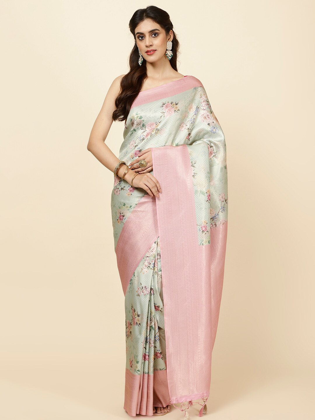 

Meena Bazaar Floral Printed Art Silk Saree, Green