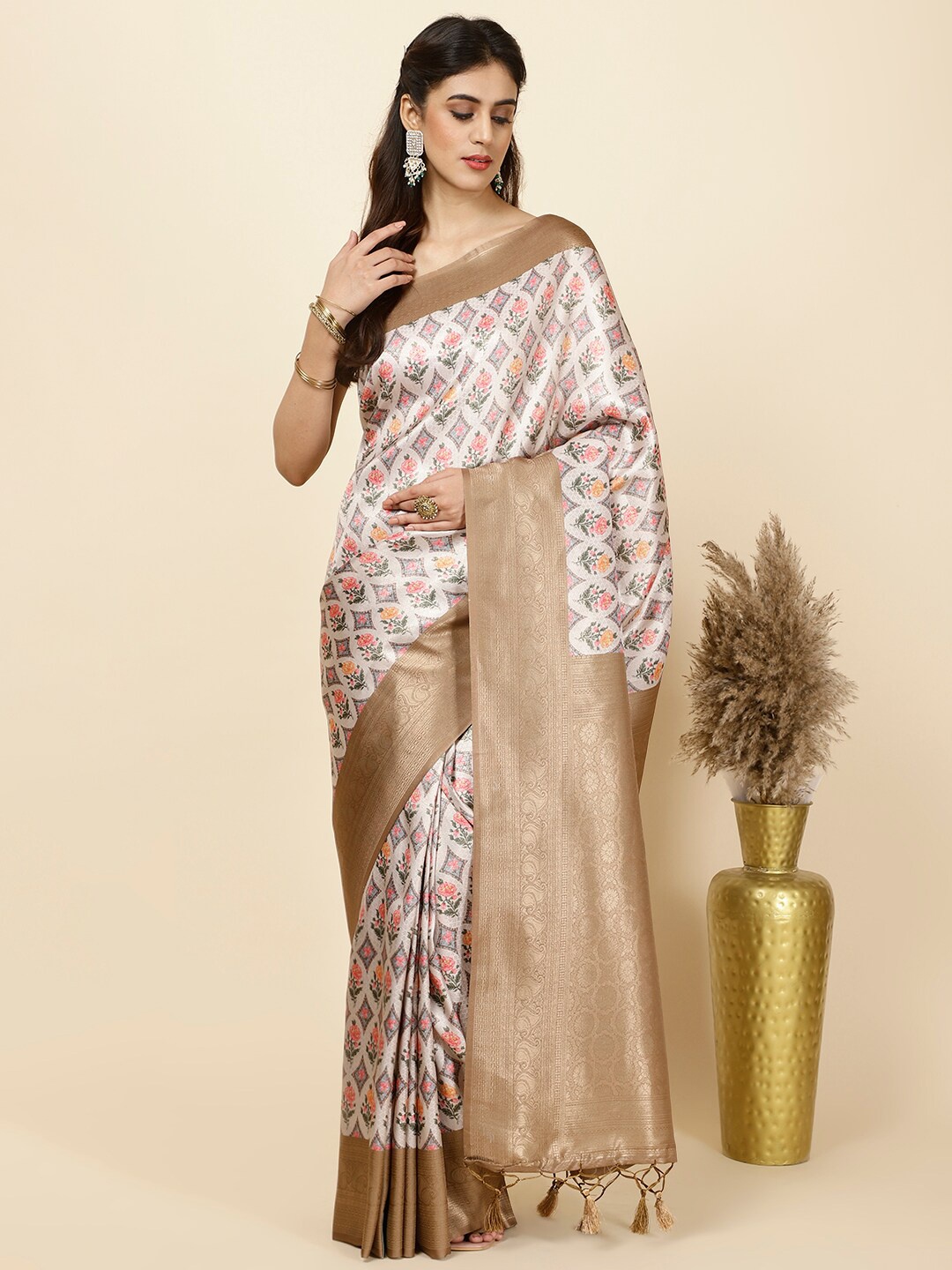 

Meena Bazaar Floral Printed Zari Art Silk Saree, White