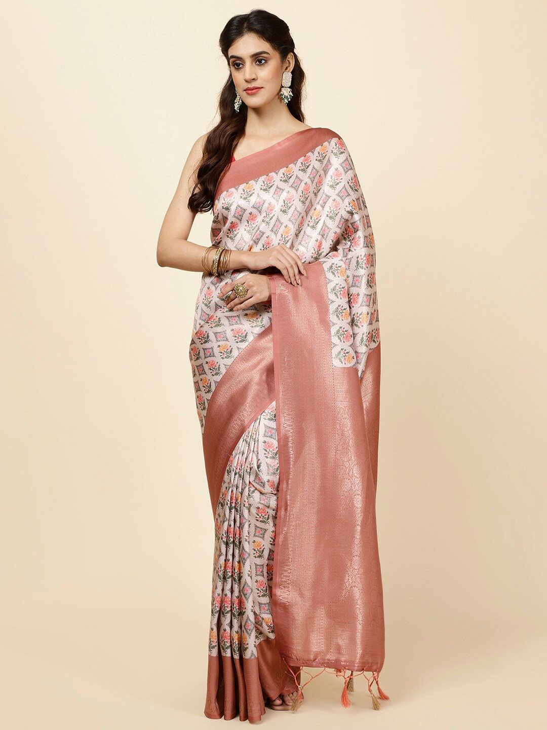 

Meena Bazaar Floral Printed Art Silk Saree, White