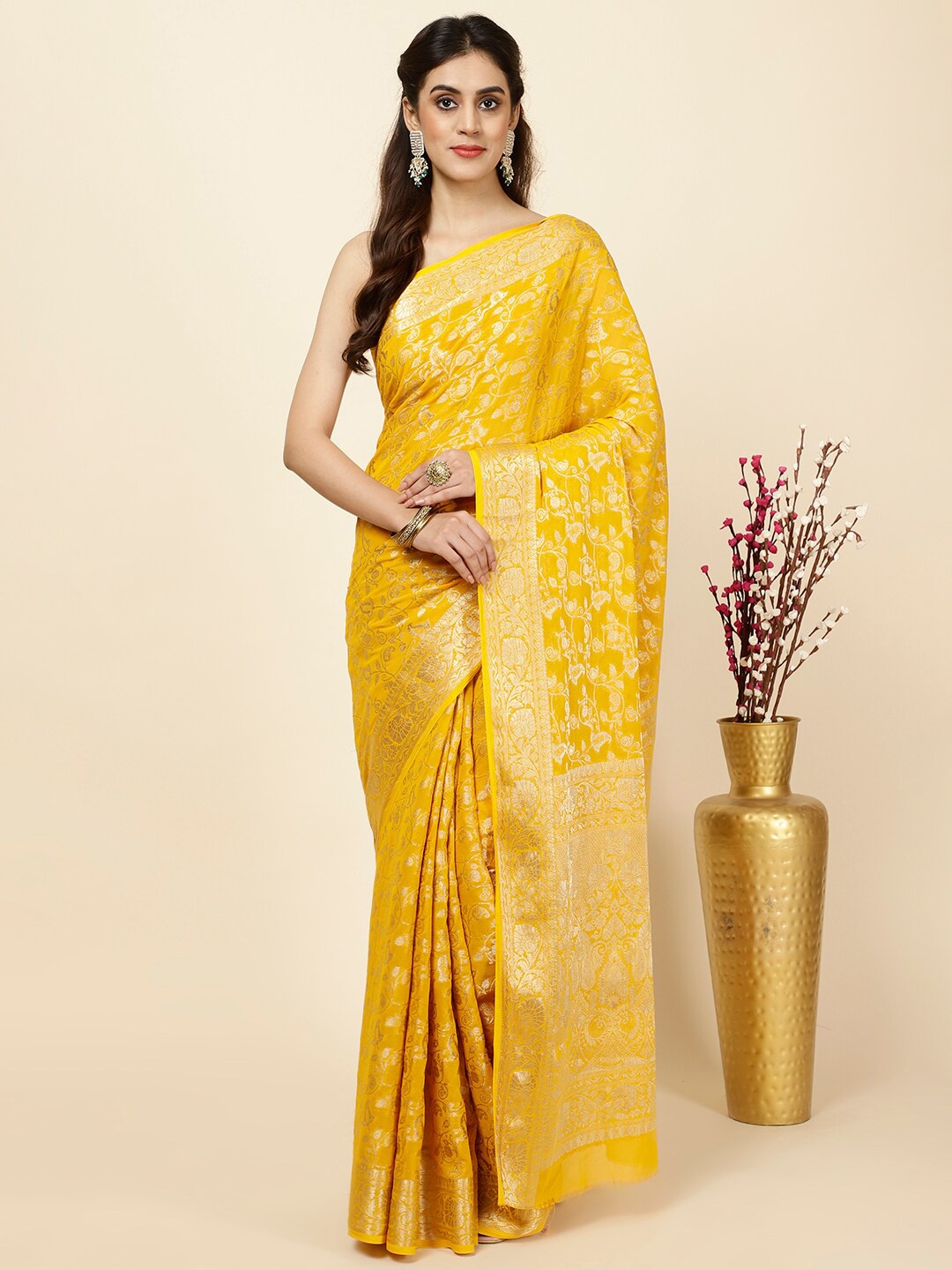 

Meena Bazaar Ethnic Motifs Woven Design Saree, Yellow