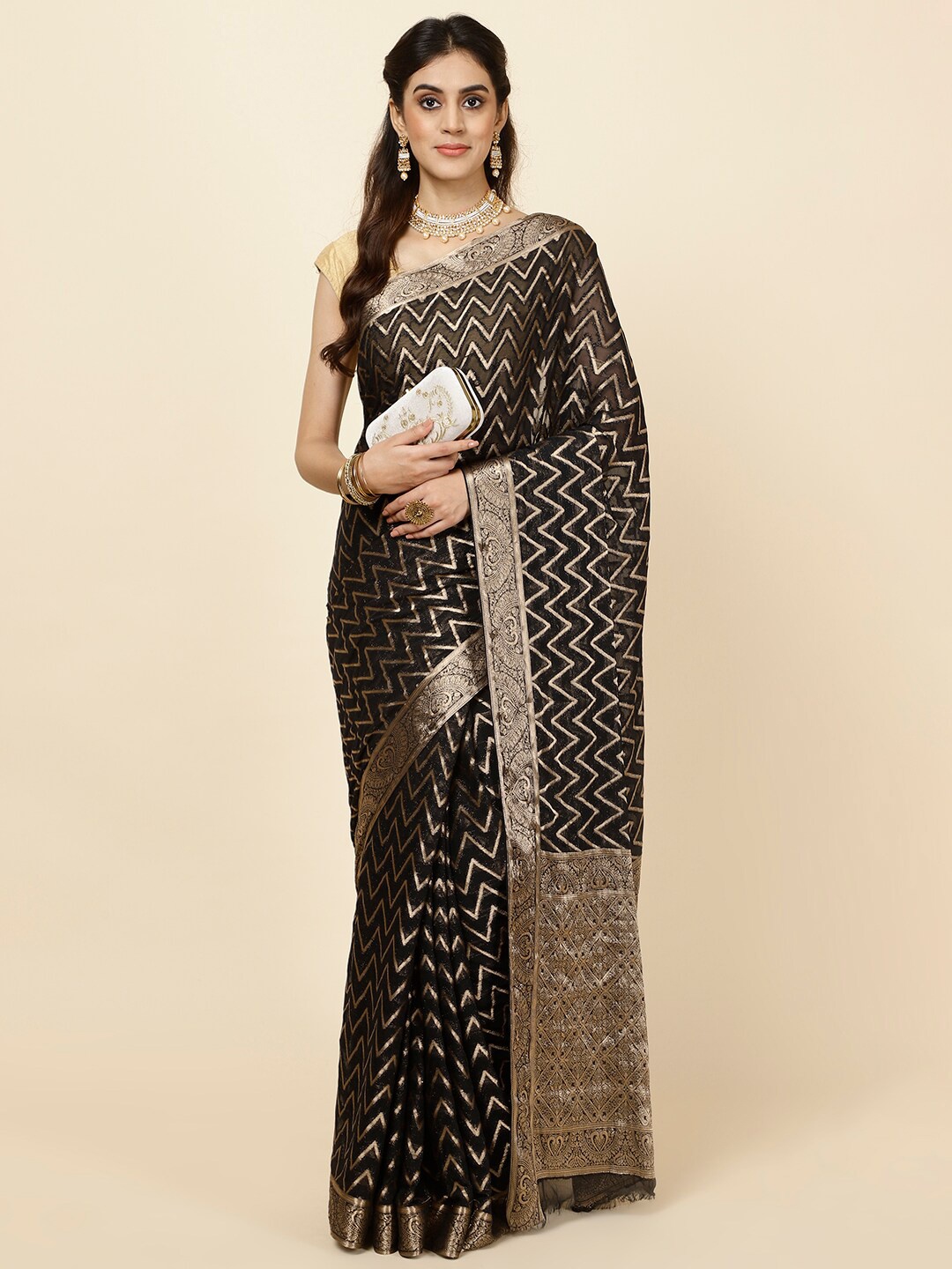 

Meena Bazaar Chevron Woven Design Saree, Black