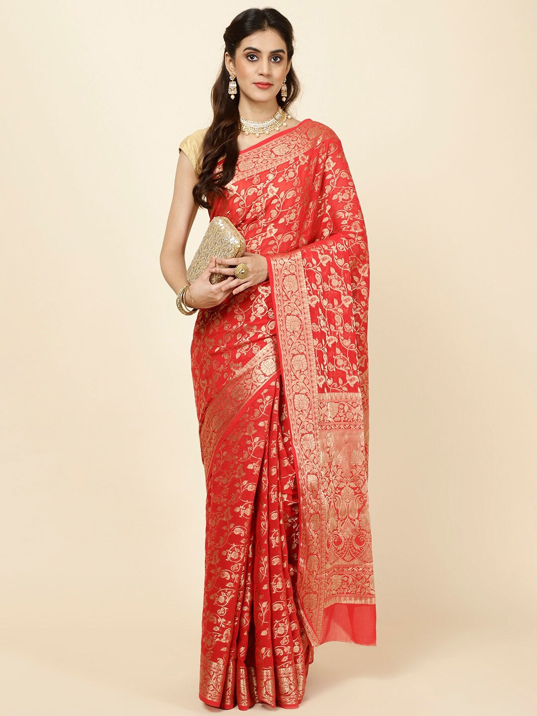 

Meena Bazaar Floral Woven Design Zari Art Silk Saree, Red