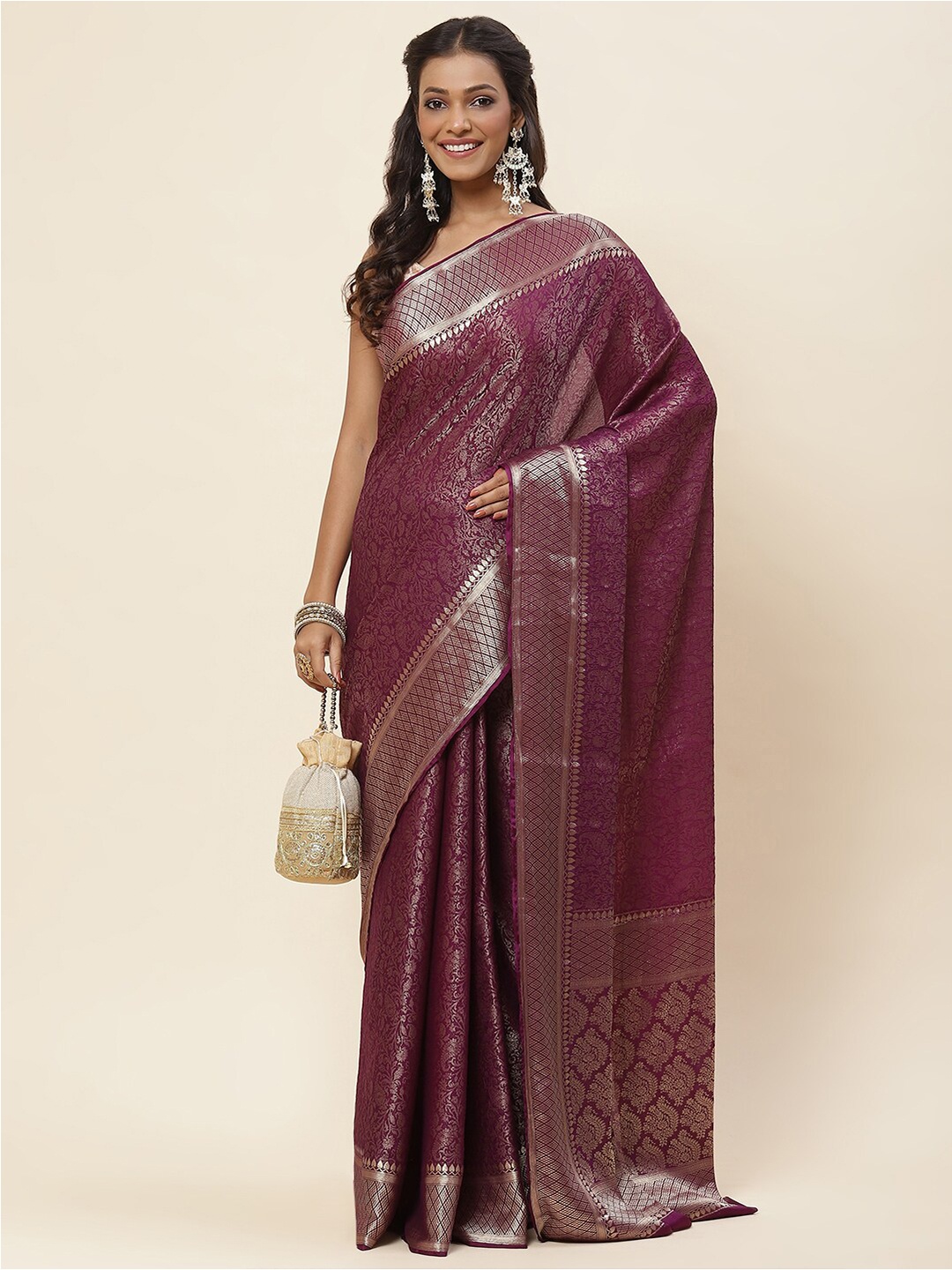 

Meena Bazaar Ethnic Motifs Woven Design Saree, Purple