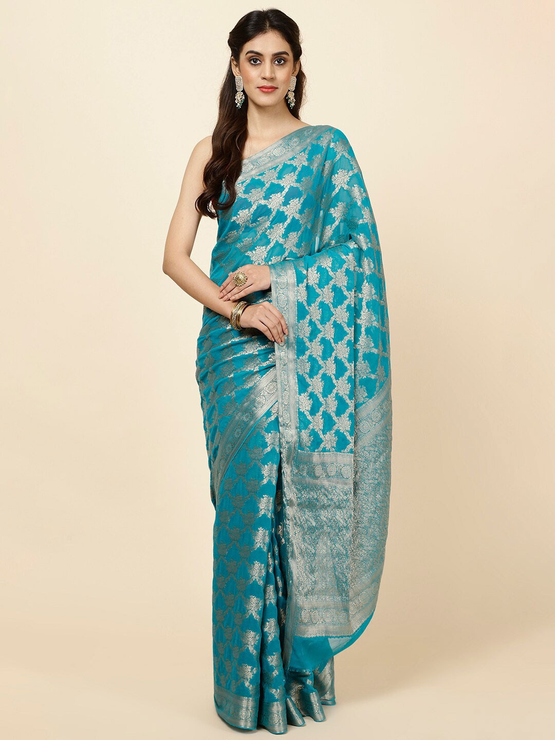 

Meena Bazaar Floral Woven Design Zari Art Silk Saree, Blue