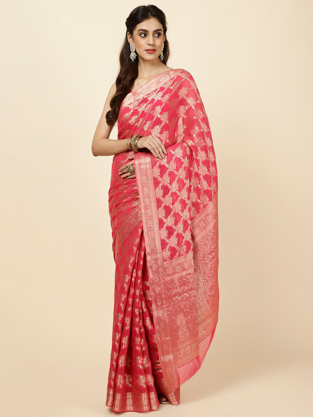 

Meena Bazaar Ethnic Motif Woven Design Saree, Pink