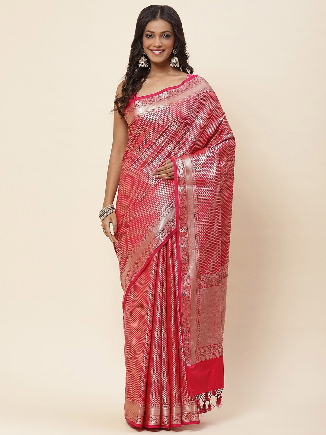 

Meena Bazaar Floral Woven Design Zari Art Silk Banarasi Saree, Pink