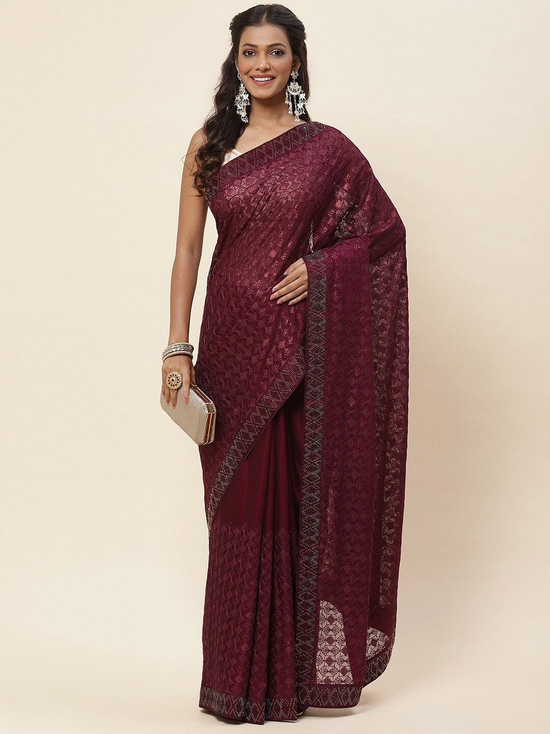 

Meena Bazaar Geometric Embroidered Art Silk Saree, Burgundy