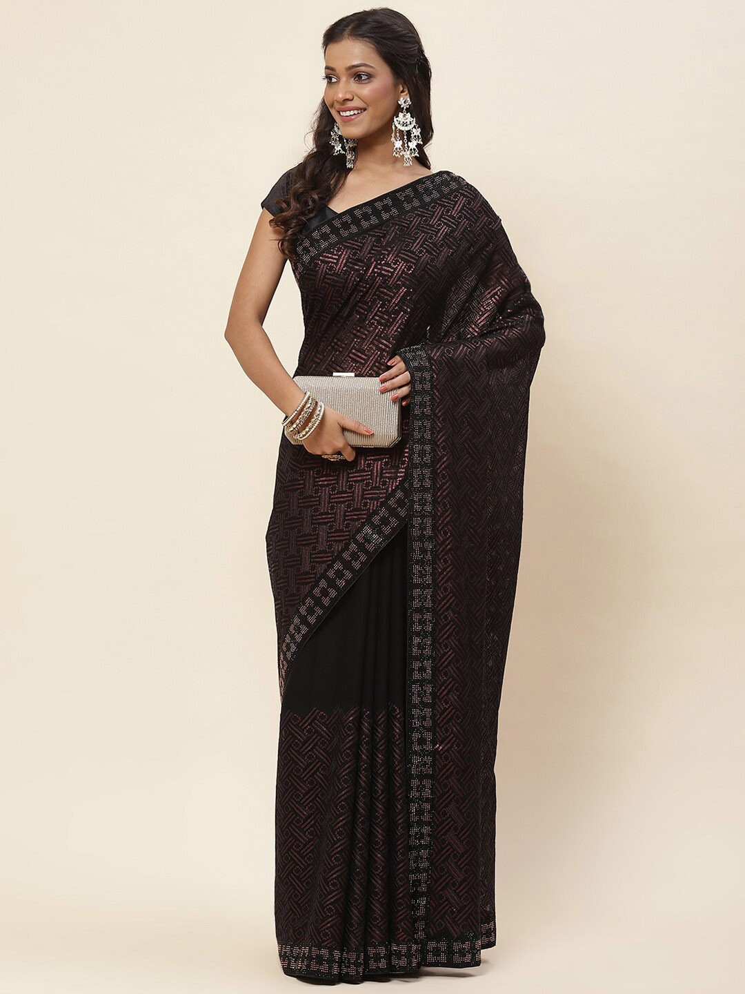 

Meena Bazaar Embellished Sequinned Saree, Black