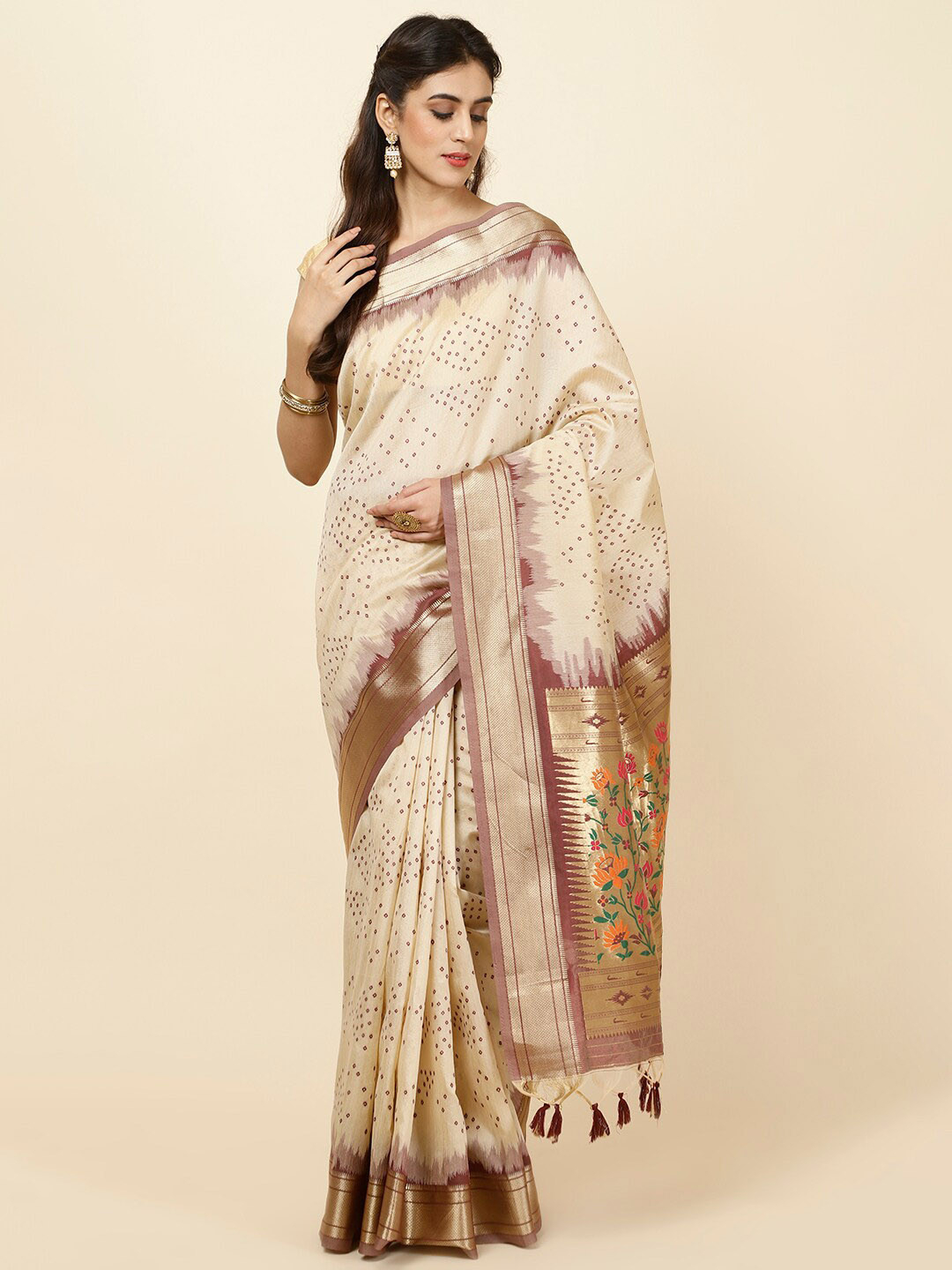 

Meena Bazaar Bandhani Printed Art Silk Saree, Beige