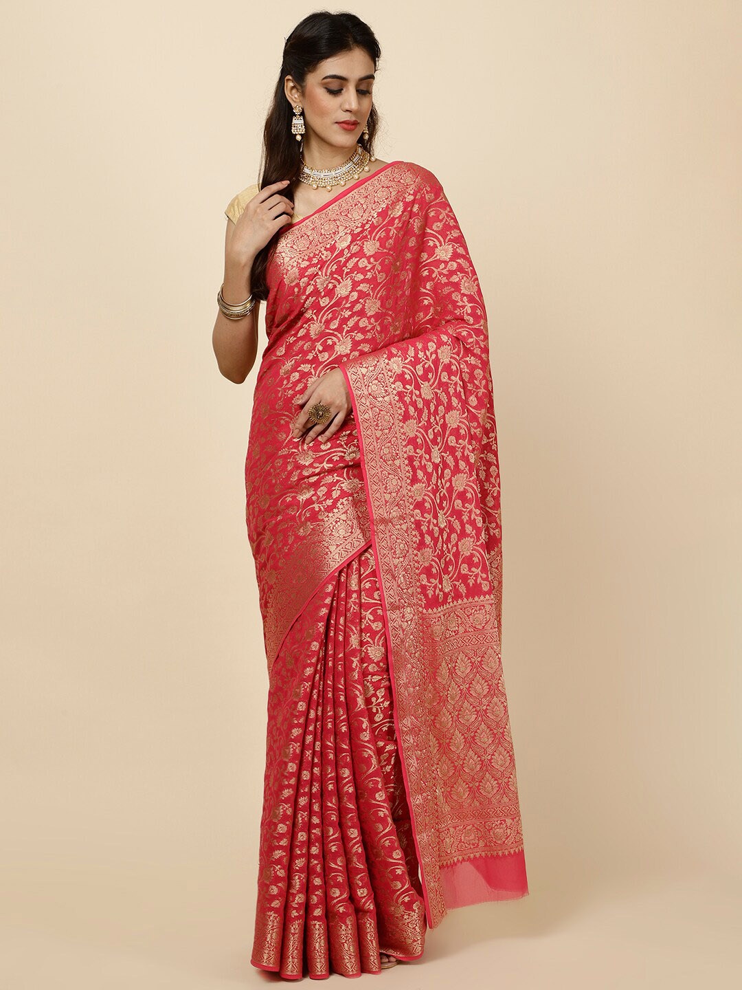 Meena Bazaar Ethnic Motif Woven Design Saree, Coral