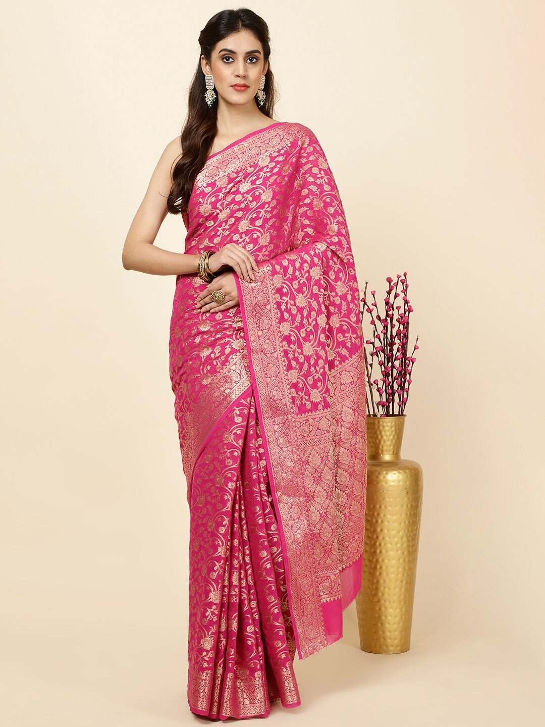 

Meena Bazaar Floral Woven Design Zari Saree, Pink