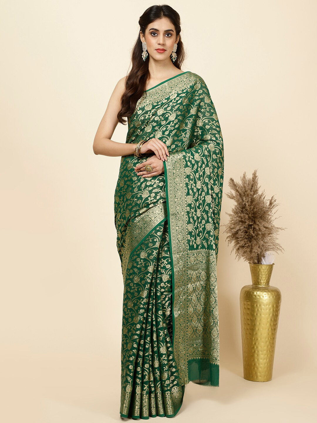 

Meena Bazaar Floral Woven Design Zari Art Silk Saree, Green