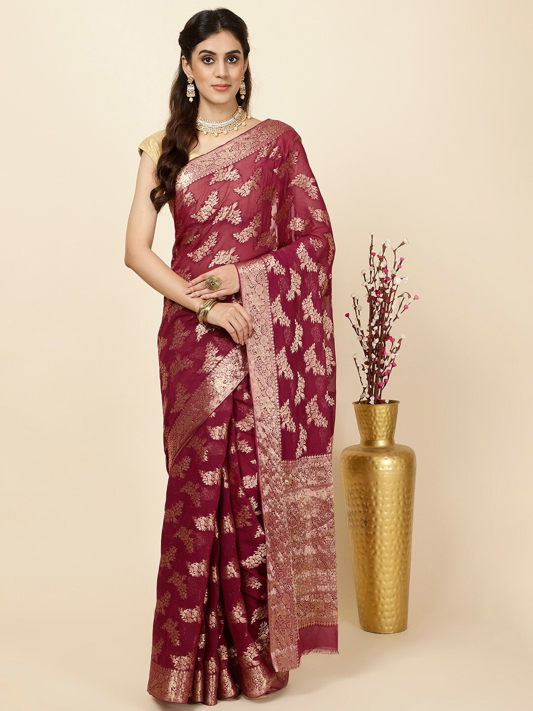 

Meena Bazaar Floral Woven Design Zari Art Silk Saree, Burgundy
