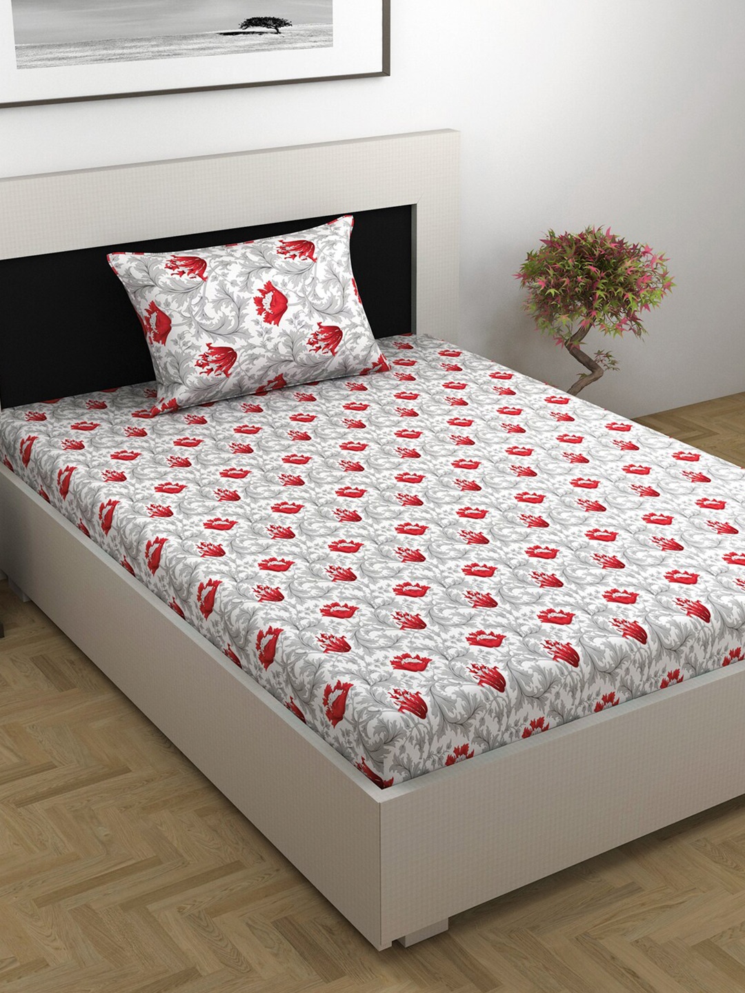 

Divine Casa Emerald Red Floral Cotton 144 TC Single Bedsheet with 1 Pillow Covers