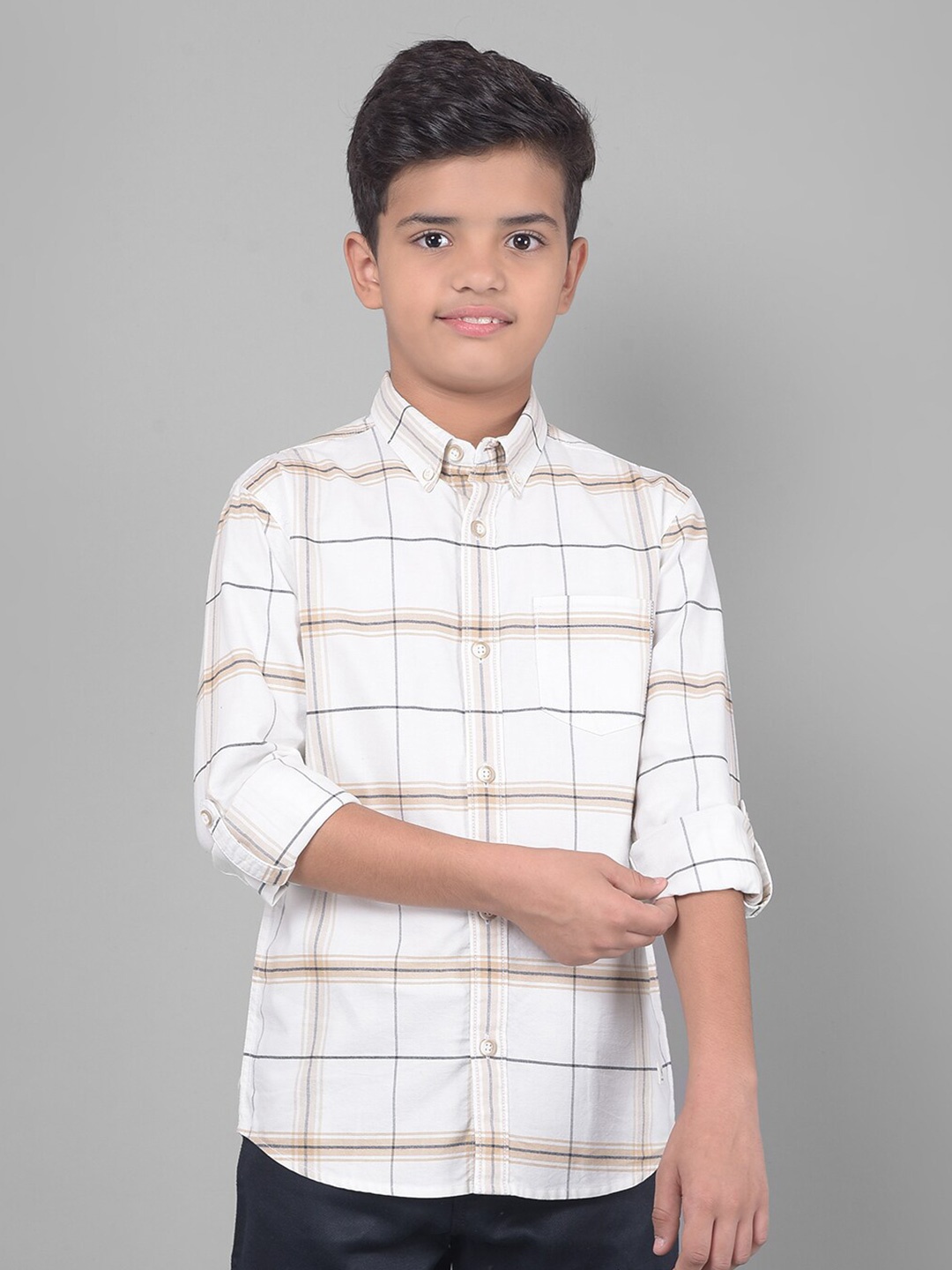 

Crimsoune Club Boys Slim Fit Windowpane Checked Casual Cotton Shirt, Off white