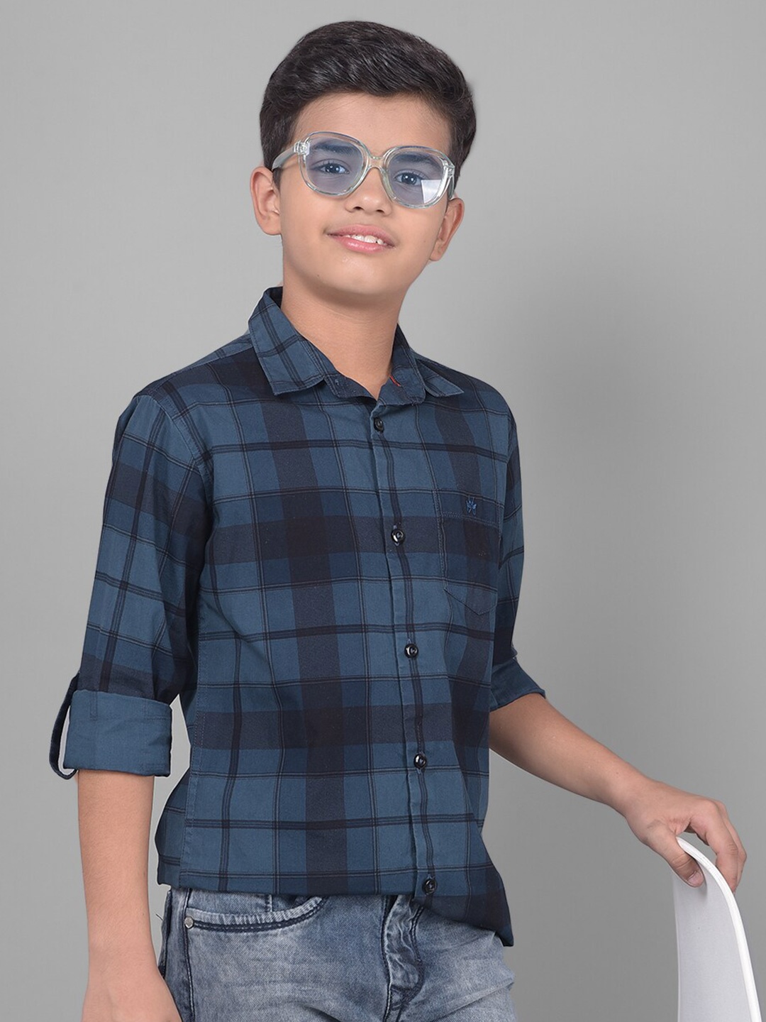 

Crimsoune Club Boys Slim Fit Windowpane Checked Casual Cotton Shirt, Navy blue