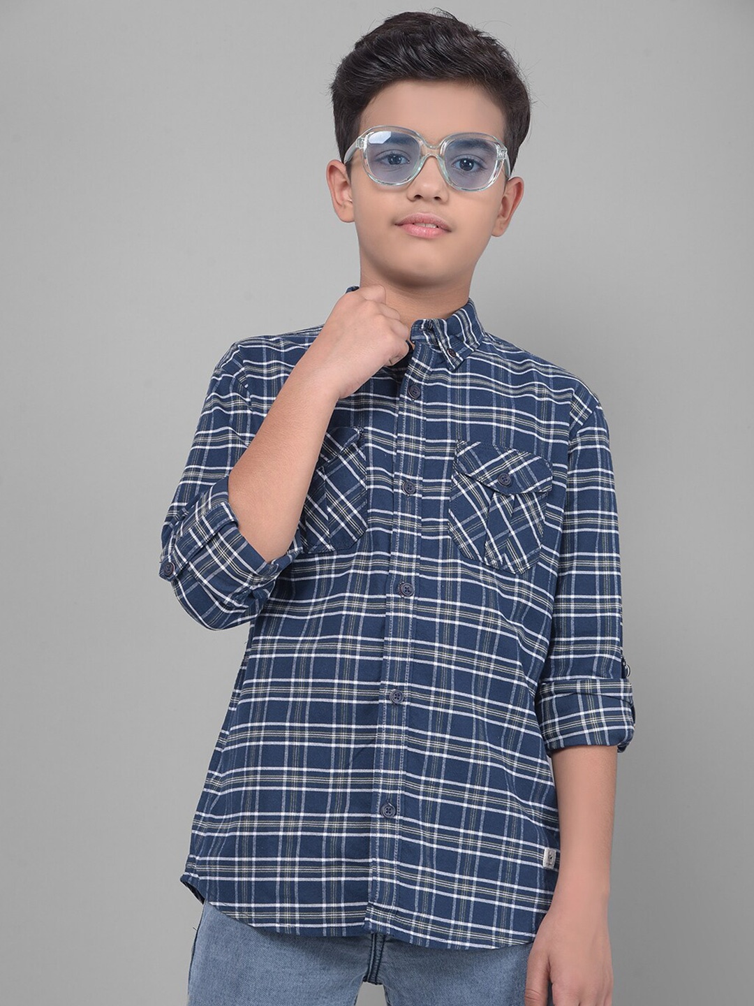

Crimsoune Club Boys Slim Fit Tartan Checked Pure Cotton Casual Shirt, Navy blue