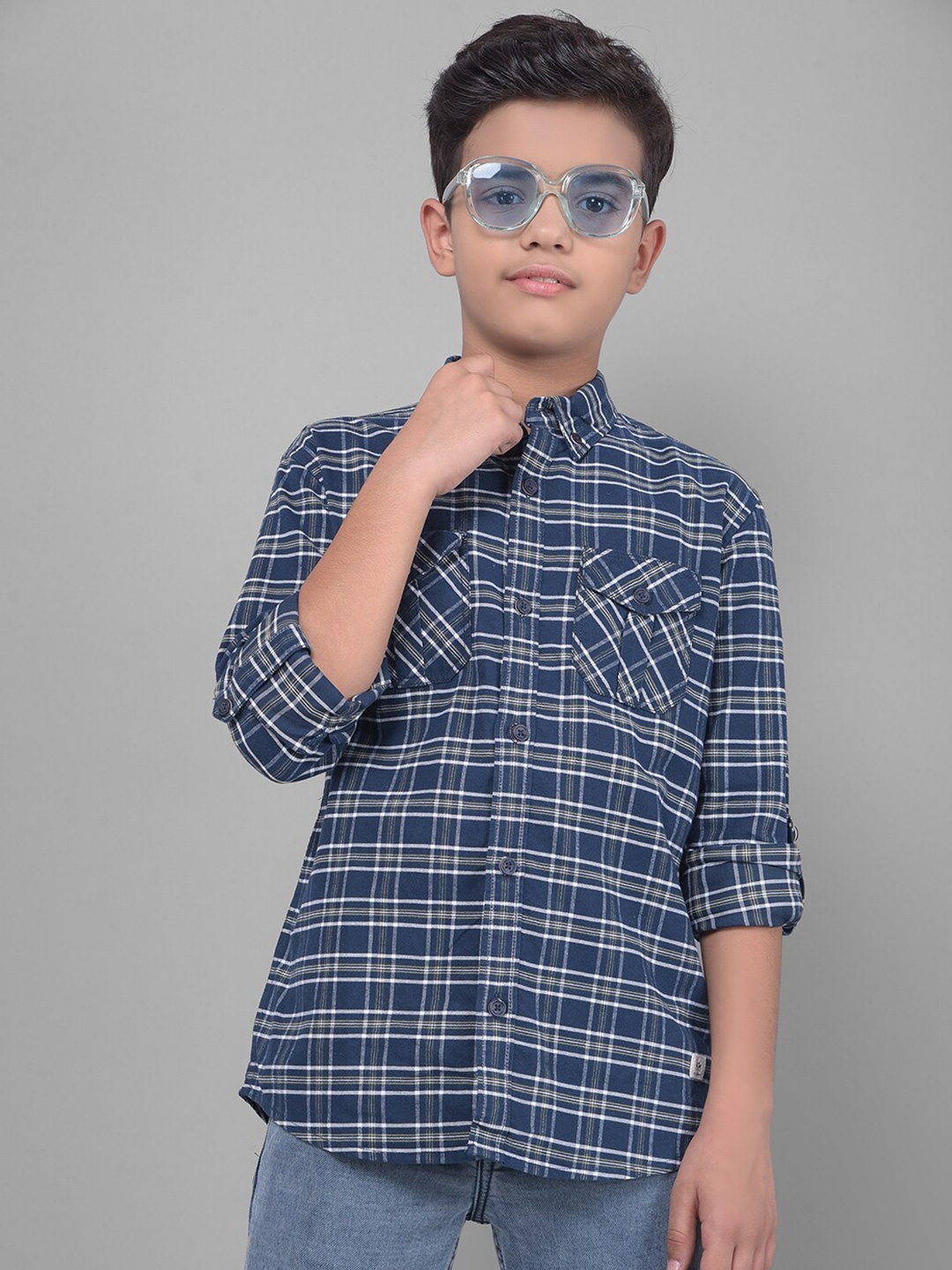 

Crimsoune Club Boys Slim Fit Tartan Checks Pure Cotton Casual Shirt, Navy blue
