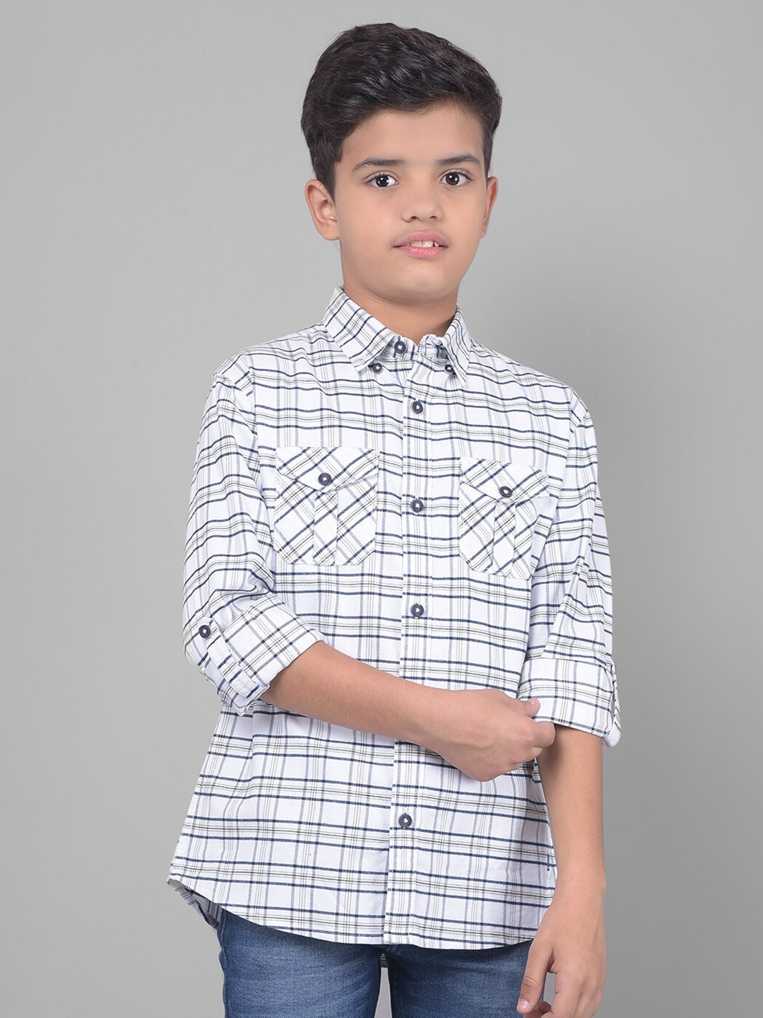 

Crimsoune Club Boys Slim Fit Tartan Checks Pure Cotton Casual Shirt, White