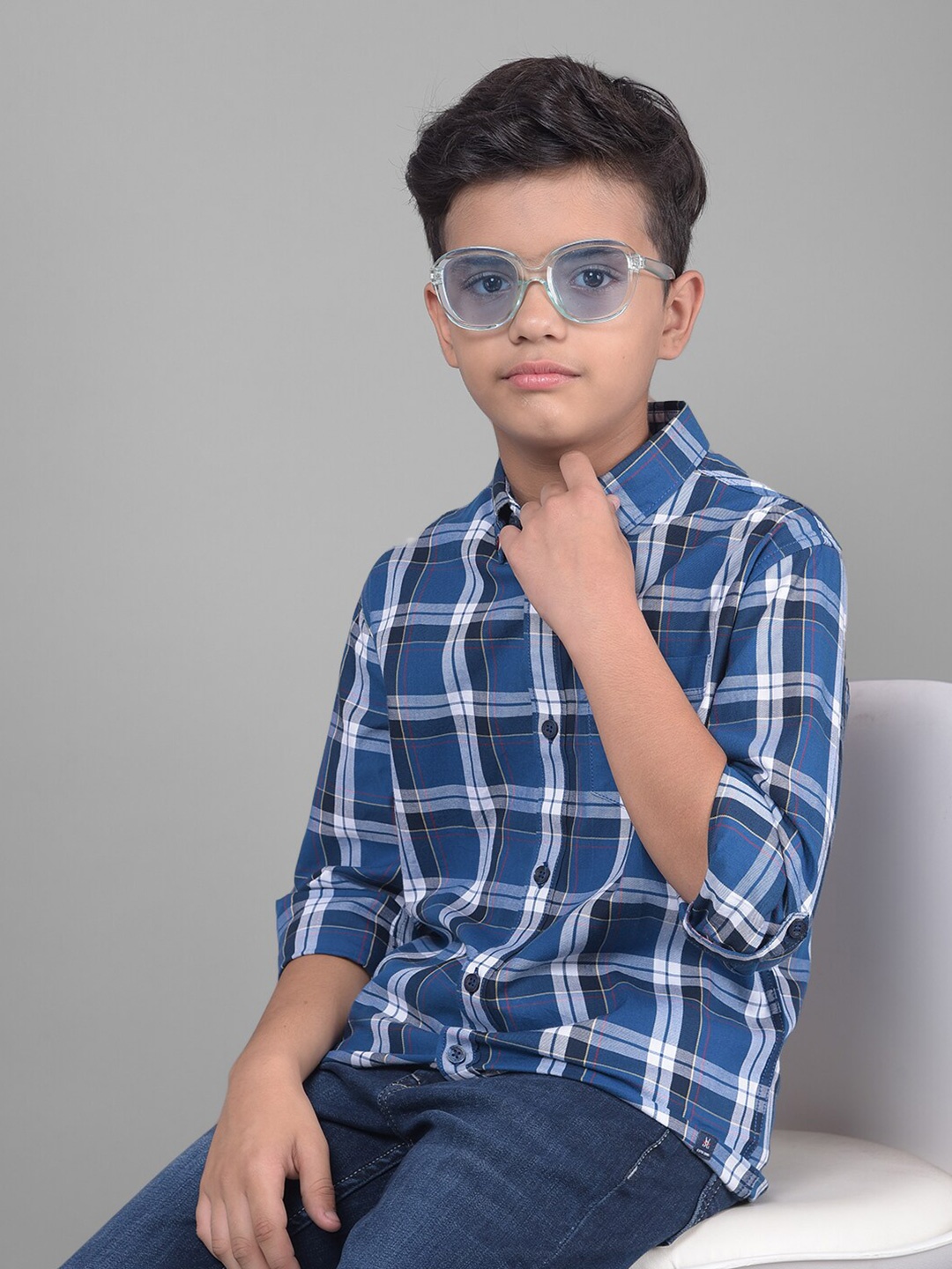 

Crimsoune Club Boys Slim Fit Tartan Checks Pure Cotton Casual Shirt, Blue