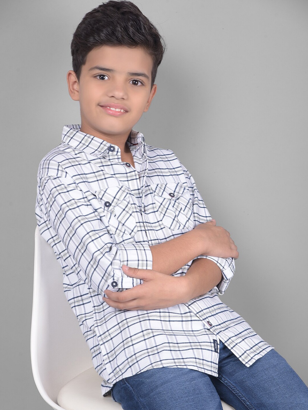 

Crimsoune Club Boys Slim Fit Tartan Checks Pure Cotton Casual Shirt, White