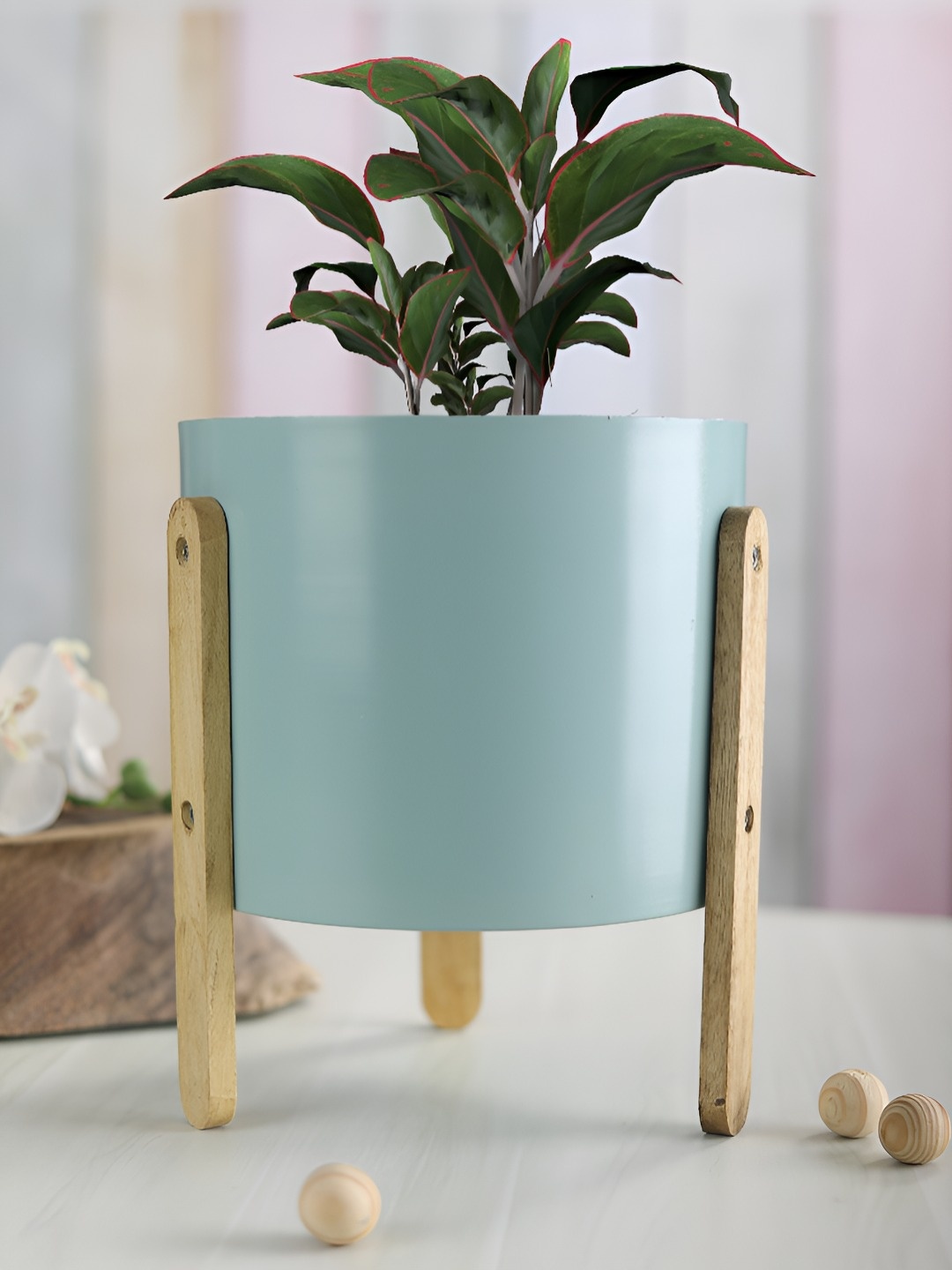 

Homspurts Luxurious Teal Blue & Gold Toned Modern Round Metal Pot With Wooden Stand